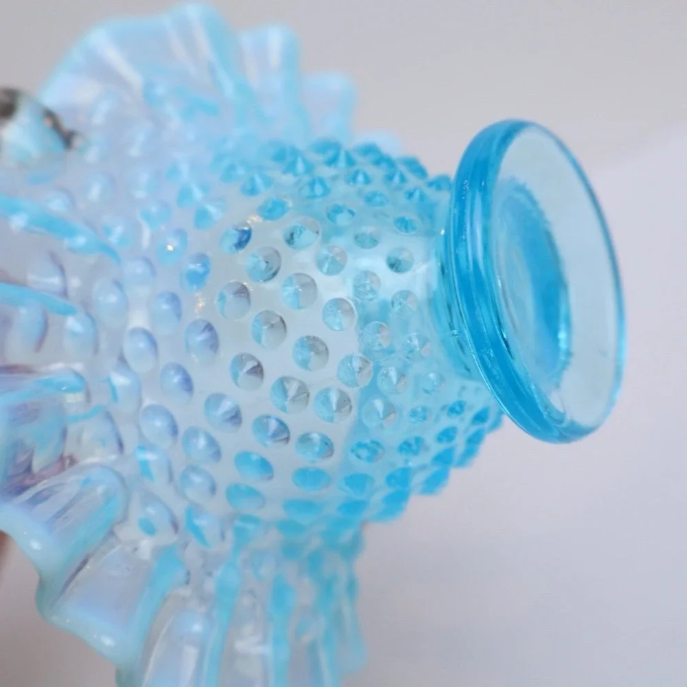 VTG Fenton Hobnail Basket Small Blue Opalescent Glass Ruffled Edge Collectible